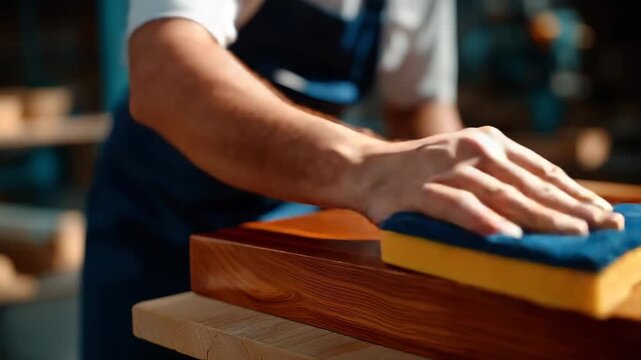 Close-up of worker sanding a wooden table top, fine wood dust visible, smooth motion of hand on sandpaper, focus on finishing process in furniture production