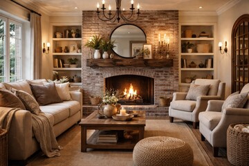Naklejka premium Comfortable family room showcasing a brick fireplace and decorated mantel
