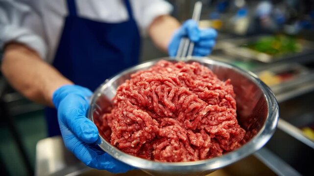 Close-up of worker&rsquo;s gloved hands inspecting minced meat consistency before processing, metal bowl and mixing tools visible, focusing on quality control