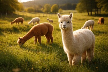 Fototapeta premium Content alpacas roaming freely in a lush field