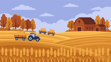 Autumn farm landscape with tractor harvesting hay bales in golden fields © Nomadic