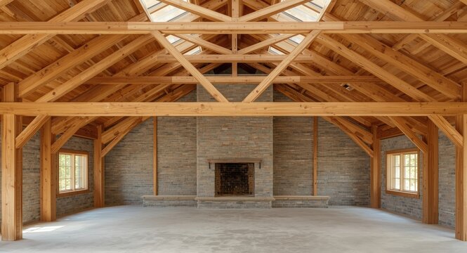 Wooden building hall featuring a structural space frame roof supported by glulam beams and rough stone brick wall interior