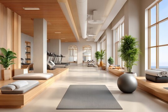 Modern bright fitness studio interior with gym equipment, yoga mats and wellness area by windows