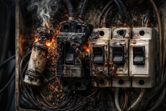 Burnt fuse and broken electricity breaker from electrical overload and overheating