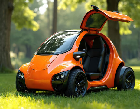Orange microcar with gull-wing doors open sits on green grass. Futuristic compact auto designed for urban mobility and eco-friendly transport is parked.