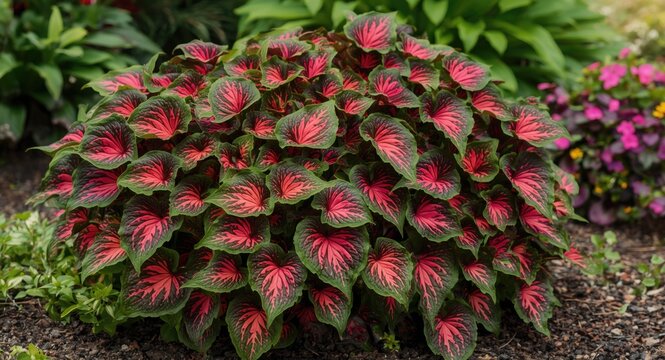 Vivid textured foliage of Tradescantia spathacea enriches lush and colorful garden environment