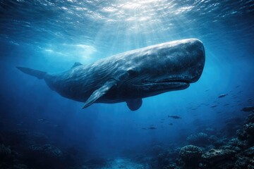 Naklejka premium Underwater scenery in blue tones showcasing a sperm whale