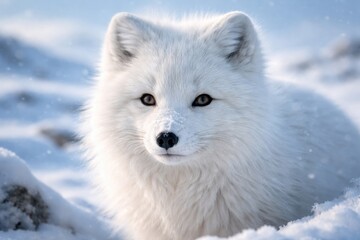 Fototapeta premium Winter close up of an arctic fox with thick white fur in icy tundra