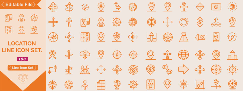 Map and location icon set. Navigation, GPS, direction, travel, route, destination, road, navigator icons. Thin line editable stroke vector illustrations.
