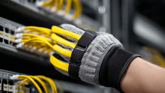 Detailed shot of a yellow cable bundle secured with black Velcro straps held by a gloved hand, visible organized cables inside a server rack, highlighting structured data center ma