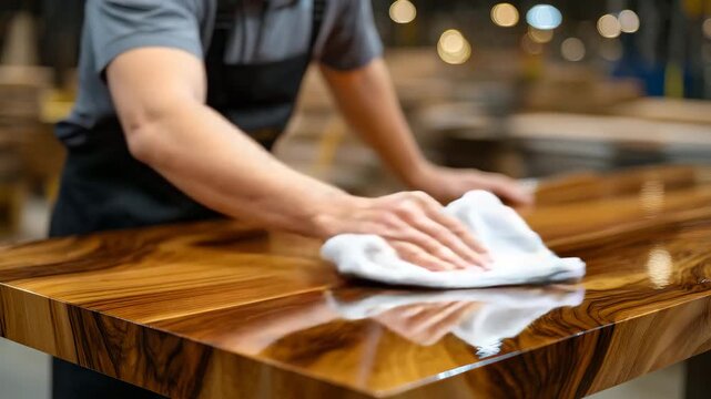 Detailed shot of worker polishing a finished wooden table, cloth in hand, smooth reflective surface emerging, highlighting finishing step in furniture production
