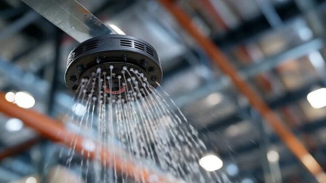 Detailed view of a ceiling-mounted sprinkler head spraying water, metal warehouse beams in background, droplets forming fine mist, showing emergency safety system in action