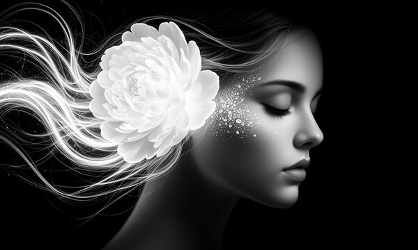 Surreal black and white portrait of a woman with glowing peony flower and flowing hair