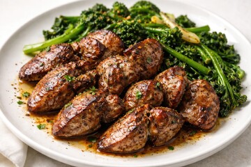 Fototapeta premium Savory grilled chicken liver complemented by heated greens on white background