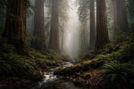 Ancient redwood forest thriving in humid misty coastal environment