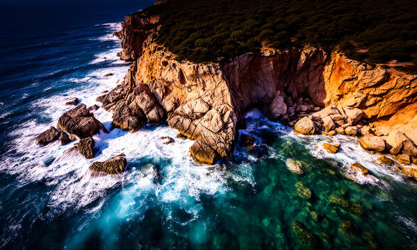 Stunning aerial view of vibrant turquoise ocean waves crashing against rugged rocky cliffs at sunset