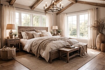 Fototapeta premium spacious farmhouse bedroom interior with cozy bedding and neutral tones