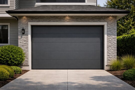 Secure gray garage door closed on residential building
