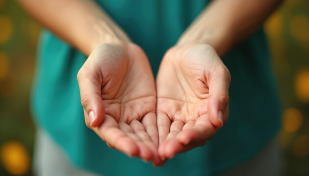 Open empty hands facing forward, palms up. Gesture for giving, receiving, or offering support. Closeup detail shot in natural light with soft bokeh background.