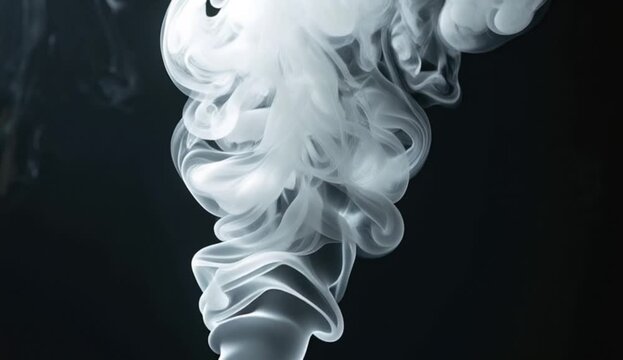 A swirling mass of white smoke set against a dark background, White Smoke Plumes Rise and Expand in Dark Setting, Abstract Vapor Cloud Formation with Dramatic Lighting, created with generative ai
