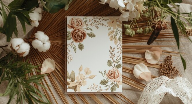 Cotton bloom adorned vertical handcrafted paper card on dried palm leaf creating romantic boho invitation scene