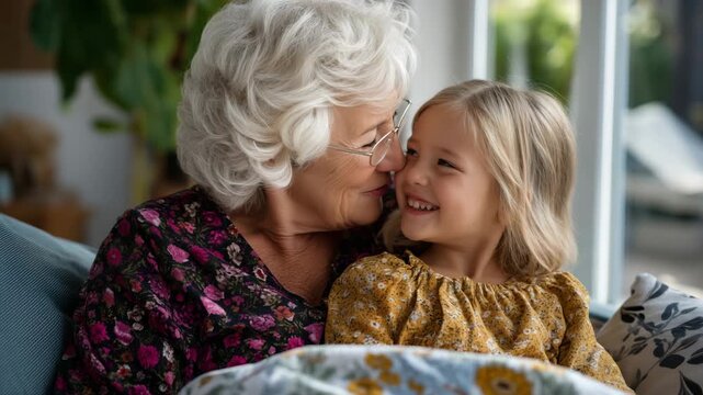 Elderly woman teaching granddaughter traditional anniversary embroidery pattern in sunlit room, intergenerational craft skills and relationship wisdom transfer, perfect for handmad
