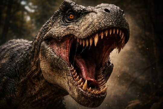 Intense closeup of roaring T rex dinosaur perfect for creative clipart use