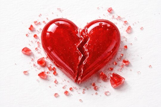 White surface with a broken red heart candy seen from top angle