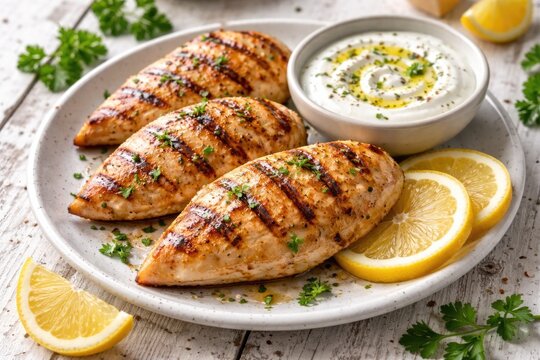 Delicious grilled chicken cutlets accompanied by smooth yogurt sauce and sliced lemons on a textured white wooden table close up