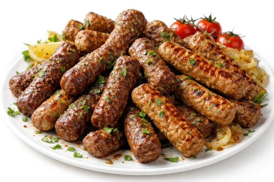 Herb garnished cevapcici grilled mix including vegan soy and classic ground meat on white background