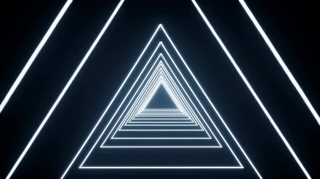 Neon Triangle With Pulsing Lights. Infinite Mirror Reflection Of Vibrant Neon Triangle Tunnel Scene