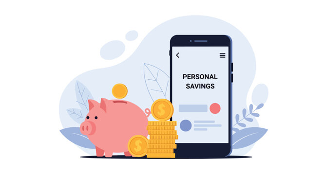 Flat style vector illustration of person saving money using piggy bank and mobile app with coins, representing personal finance, budgeting, and savings strategy