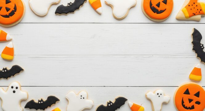 White wooden background decorated with Halloween cookie border featuring candy corn jack o lantern bats and ghost cookies
