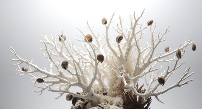 White background highlighting elegant white Sango coral branches with mollusks and coral ecosystem life
