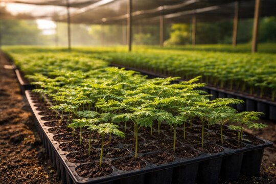 Agricultural farm nursery showcasing acacia tree seedlings with copy space