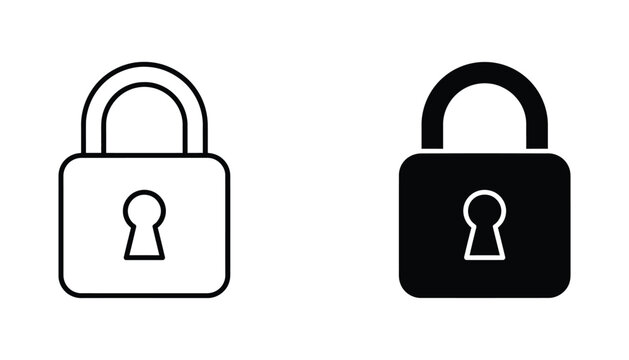 Classic metal padlock security icon set in line and solid styles for privacy protection and data encryption concepts