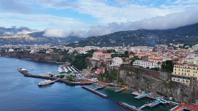 Epic Aerial Panorama of Sorrento City on Steep Cliffs - Amalfi Coast, Italy