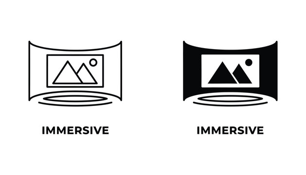 Immersive panoramic view icon set in line and solid styles for virtual reality and 360 degree video content