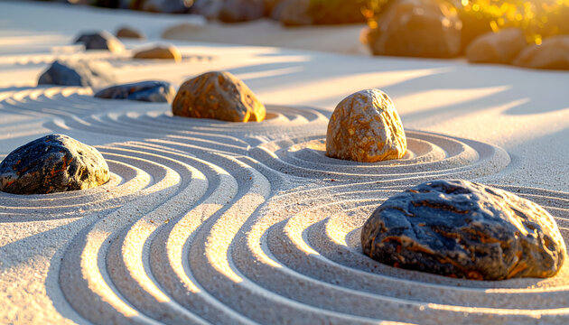 Serene Japanese Zen garden with raked sand ripples and decorative stones under golden sunset light