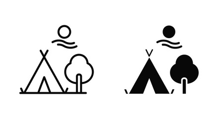 Camping tent icon set with tree and sun symbol for outdoor adventure and travel brands © Tech