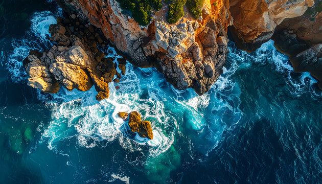 Dramatic aerial top view of turquoise ocean waves crashing against rugged coastal cliffs during golden hour