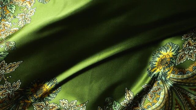 Green silk fabric with floral patterns waving in the wind. Soft silk material creates an abstract background of moving waves. Natural silk textile with colorful flower print flowing and rippling.