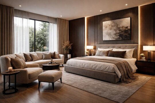 Stylish bedroom space with a soft armchair sofa and king size bed