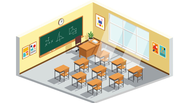 Isometric illustration of a classroom with desks and a blackboard on the wall with equations clock and posters, Generative AI.