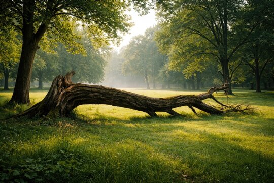 A broken tree stretched across an open meadow in a peaceful park