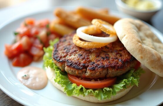 Big pljeskavica burger on plate with fries, tomato salad, and flatbread. Juicy meat patty with onion rings and fresh lettuce, served with creamy sauce.