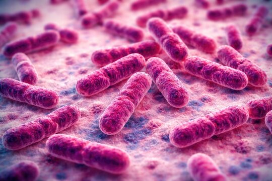 Microscopic view of gram stained rod shaped bacteria showing detailed microbial morphology