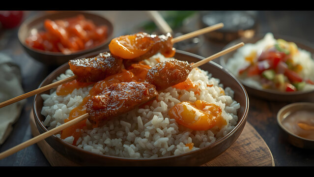 Delicious Glazed Chicken Skewers with Rice and Apricot Sauce