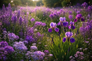 Obraz premium Lush field showcasing diverse purple flowers including irises and violet clusters