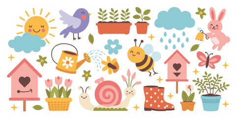 Spring Garden Elements Collection With Cute Animals And Plants © Omroy